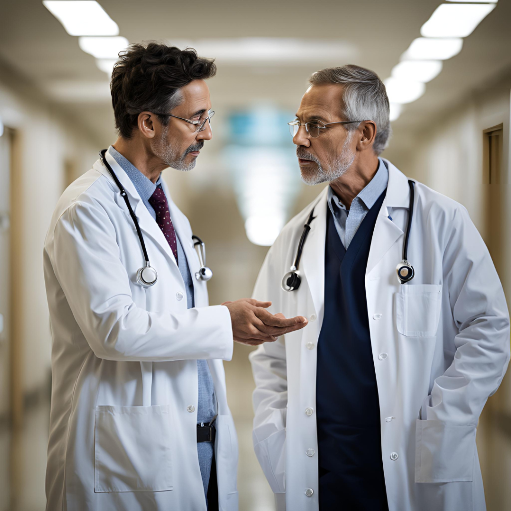 doctor talking with a lady with her daughter in hospital