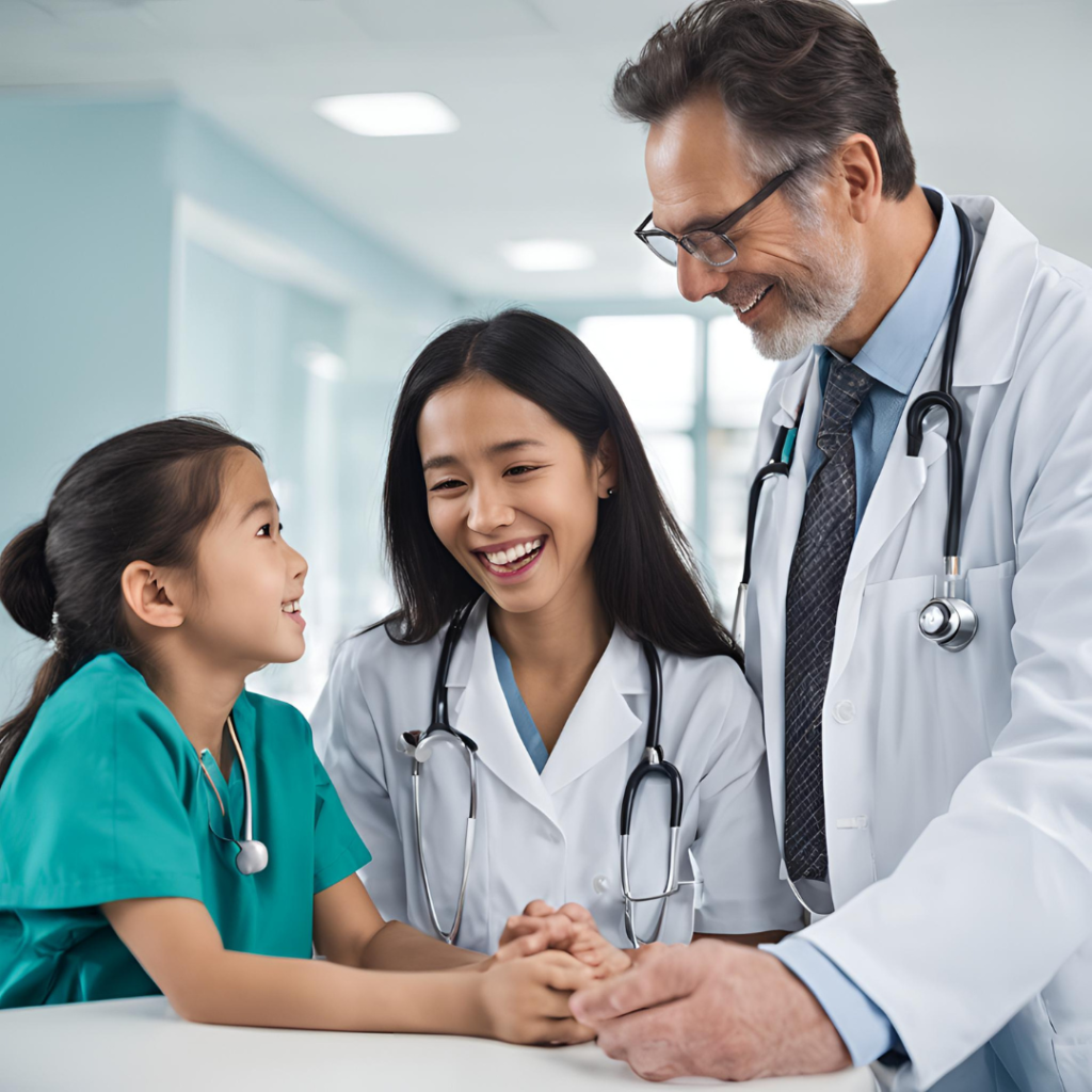 doctor talking with a lady with her daughter in hospital